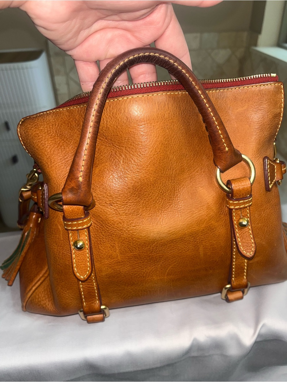 Dooney & Bourke Florentine Cognac Satchel with Tassel - Picture 9 of 16